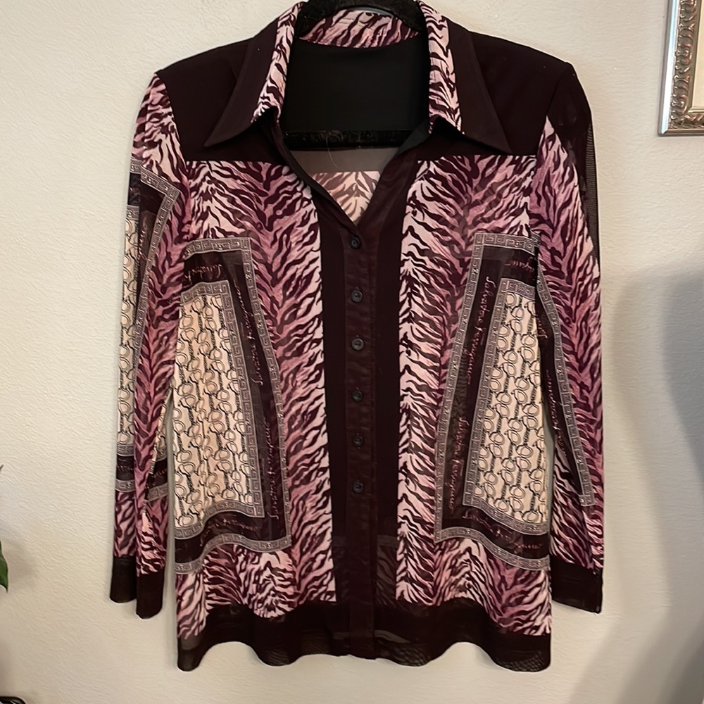 Salvatore Ferragamo Logo Zebra Print Mesh Button Down Shirt size M - Picture 7 of 10
